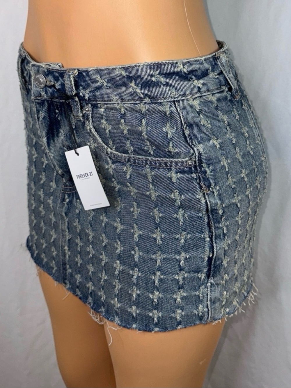 Distressed Patterned Denim Mini Skirt